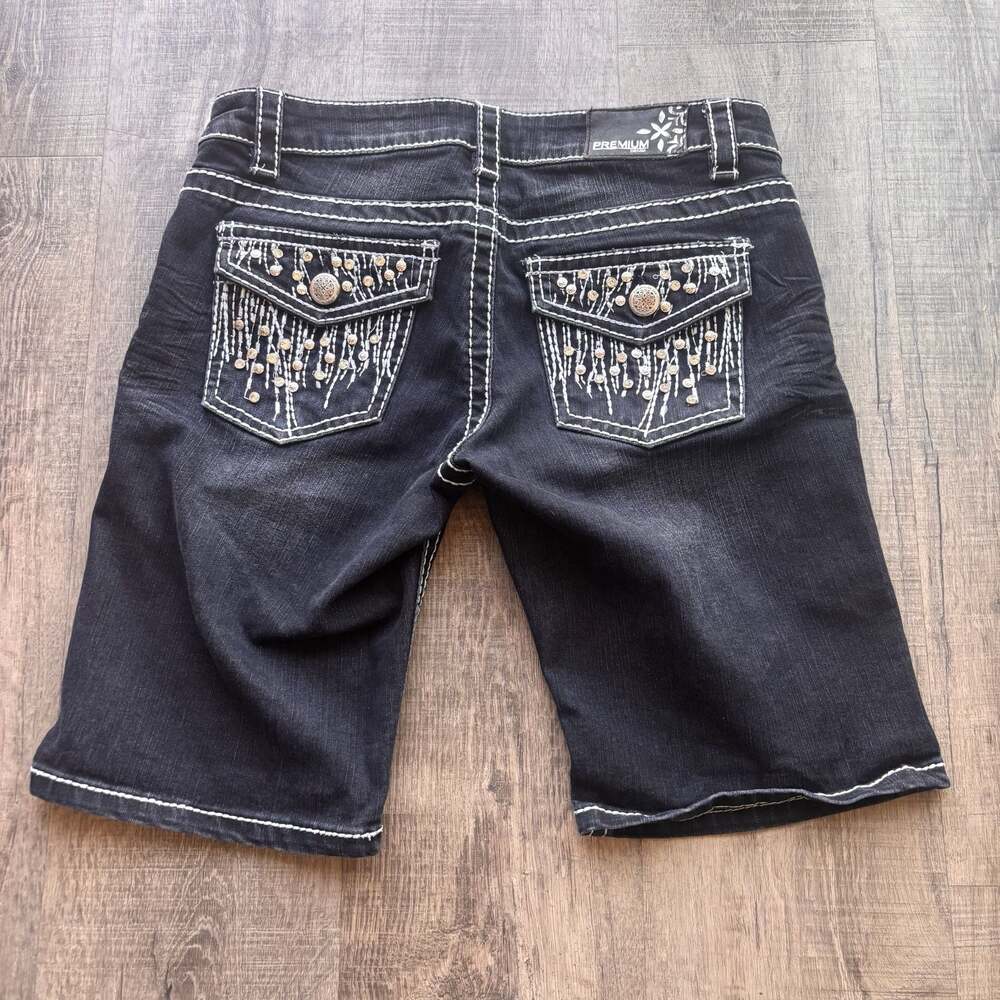Warehouse One Premium Denim Black Wash Rhinestone Flap Pocket Shorts Size 6